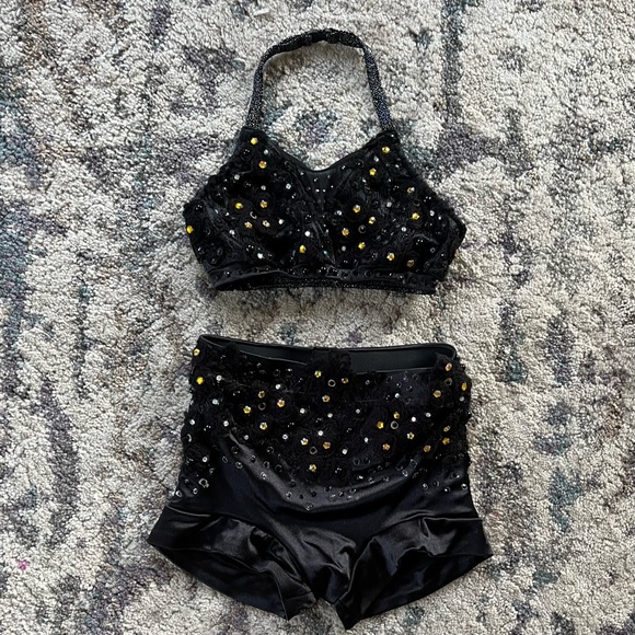 Custom Black Rhinestone Three Piece Dance Costume - Picture 1 of 9